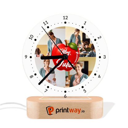 Personalized Acrylic Desk Clock with Wooden Base – LED Decor & Gift