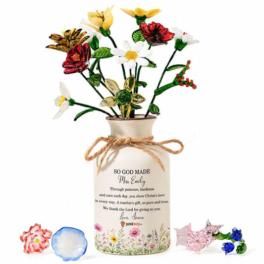 Personalized Ceramic Vase with Glass Flowers – Custom Home Decor Gift Set
